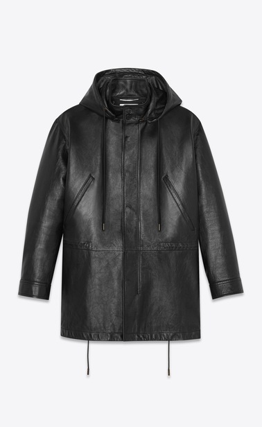 Long parka in aged leather and shearling
